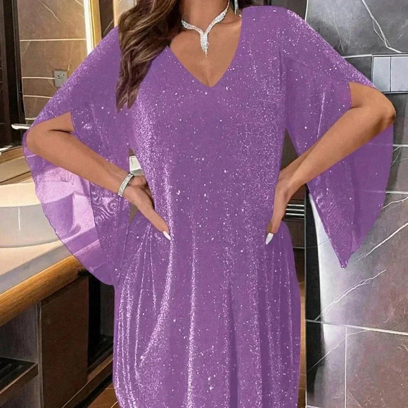 Purple Party Women's Sparkly Flare Sleeves Dress - Picture 7 of 9